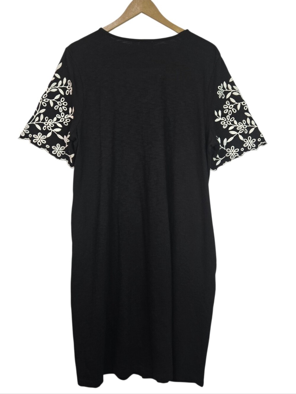 Chico's Size 2 Black Cotton V-neck Midi Dress, White Embroidery Short Sleeves - Picture 8 of 12